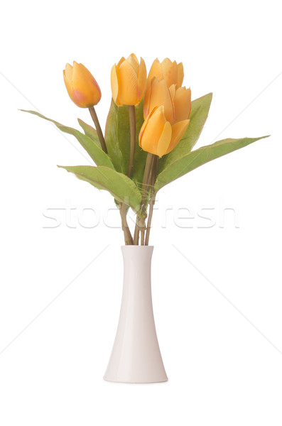 Stock photo: Vase with colourful tulips on white