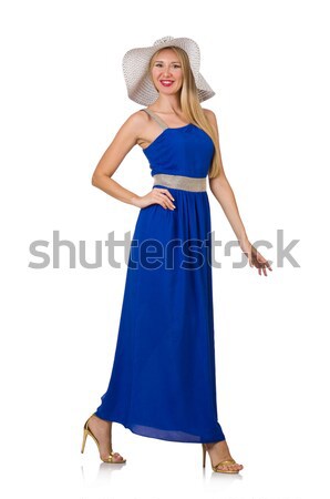 Schöne Frau lange blau Kleid isoliert weiß Stock foto © Elnur