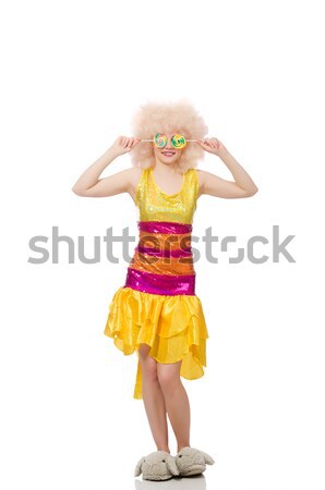 Stock photo: Curly woman holding lolly pop isolated on white