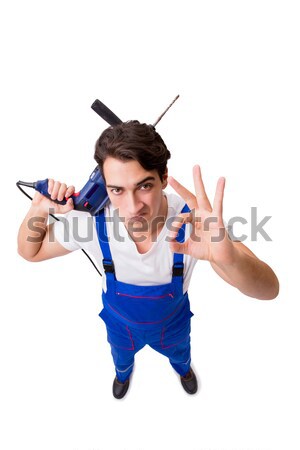 Stock photo: The funny repairman with tools isolated on white