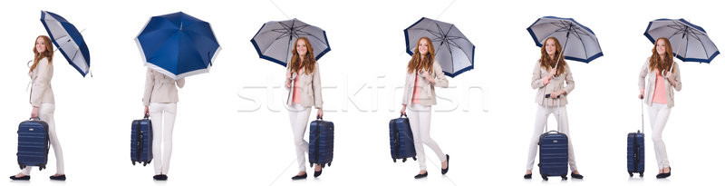 Jonge vrouw koffer paraplu geïsoleerd witte Stockfoto © Elnur
