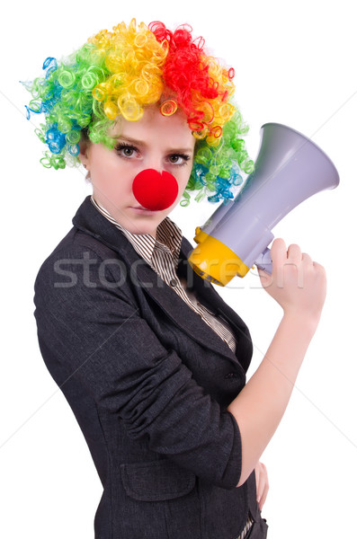 Businesswoman clown with loudspeaker isolated on white Stock photo © Elnur