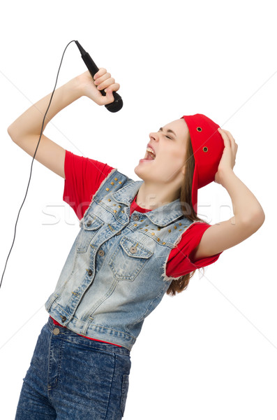 Foto stock: Bastante · menina · karaoke · isolado · branco · mulher