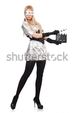 Beautiful girl holding hand gun and clapperboard isolated on whi Stock photo © Elnur