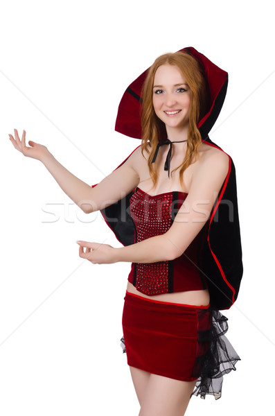 Stock photo: Pretty lady in velvet bordo dress with cap isolated on white