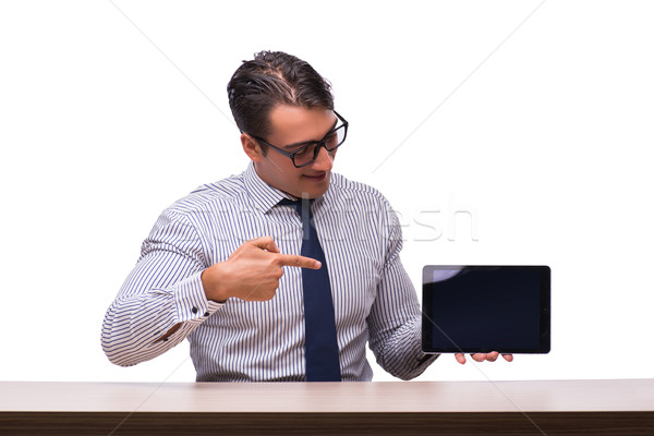 Stockfoto: Man · presenteren · computer · internet · gelukkig