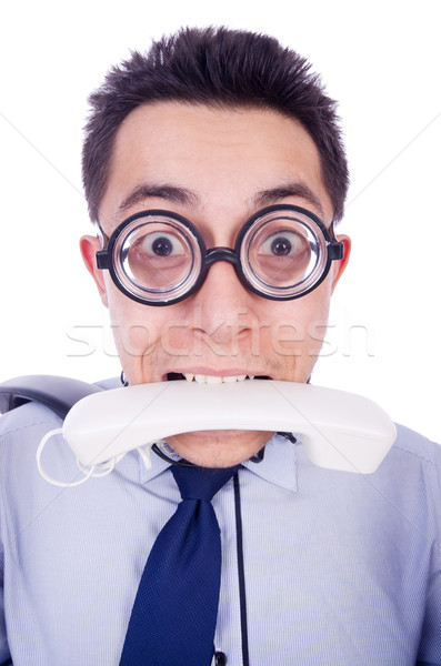 Crazy man with phone on white Stock photo © Elnur