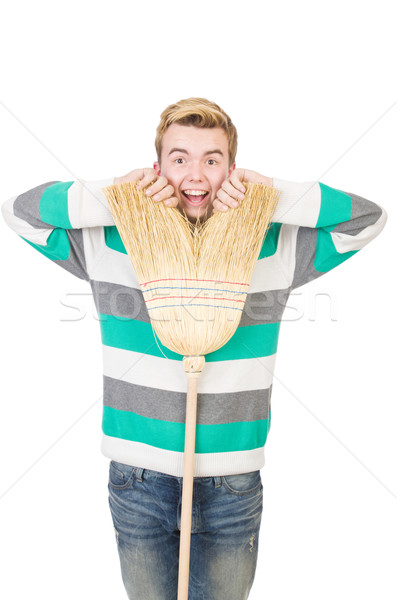 Funny man with mop isolated on white Stock photo © Elnur