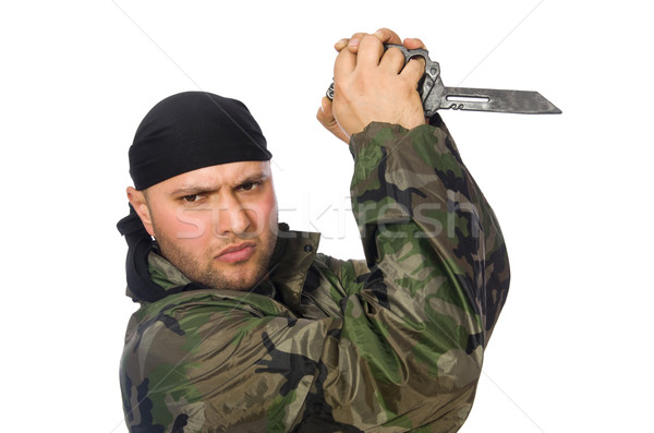 Young man in soldier uniform holding knife isolated on white Stock photo © Elnur