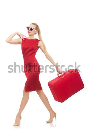 Blondie in red dress with suitcase isolated on white Stock photo © Elnur