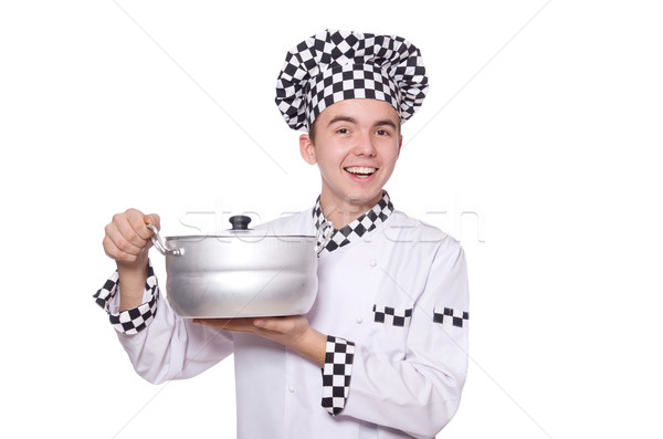Young chef holding pan isolated on white Stock photo © Elnur