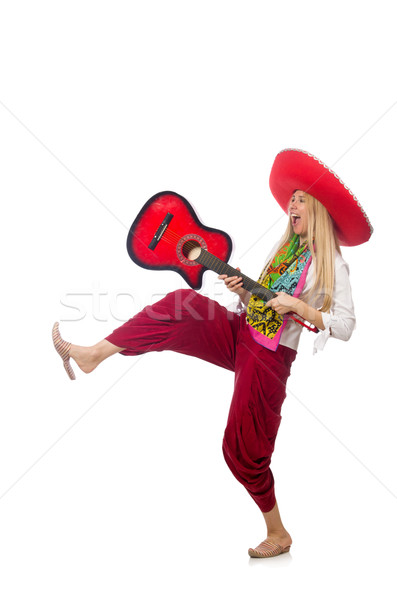 Woman wearing guitar with sombrero Stock photo © Elnur
