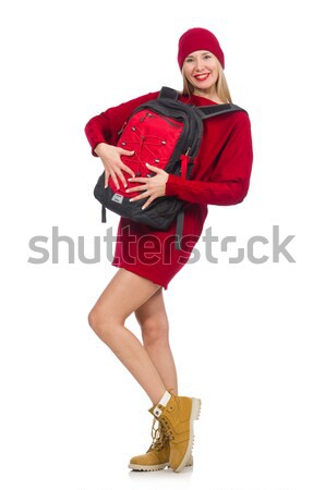 Pretty girl in red dress and backpack isolated on white Stock photo © Elnur