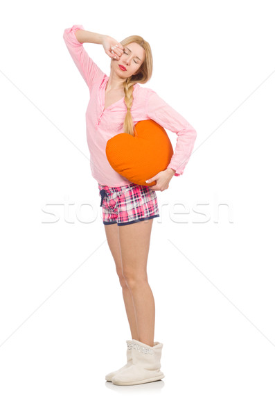 Pretty girl holding orange cushion isolated on white Stock photo © Elnur