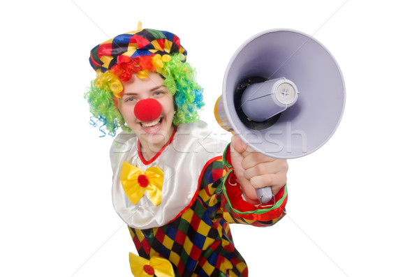 Stockfoto: Clown · luidspreker · geïsoleerd · witte · vrouw · gelukkig