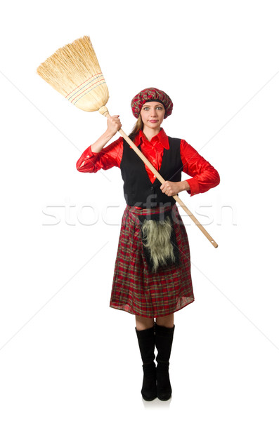 [[stock_photo]]: Drôle · femme · vêtements · balai · homme · sac