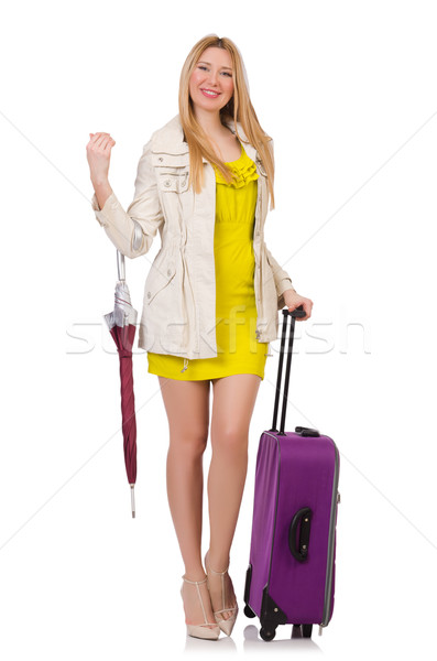 Stockfoto: Vrouw · koffer · paraplu · geïsoleerd · witte · meisje