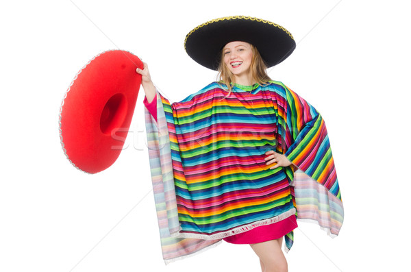 Pretty girl in mexican poncho isolated on white Stock photo © Elnur