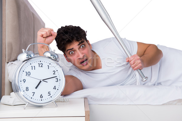 Man bed lijden slapeloosheid klok baseball Stockfoto © Elnur