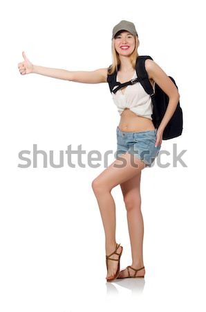 Foto stock: Jovem · estudante · mochila · isolado · branco · mulher