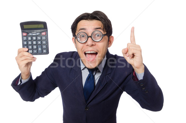 Stock photo: Funny man with calculator isolated on white