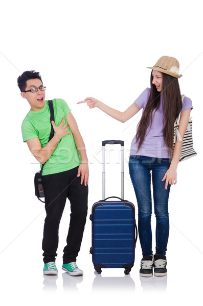 Foto stock: Menina · menino · mala · isolado · branco · feliz