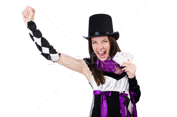 Pretty girl in jester costume with cards isolated on white Stock photo © Elnur