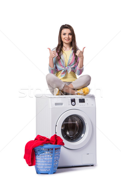 Foto stock: Mulher · cansado · lavanderia · isolado · branco · casa