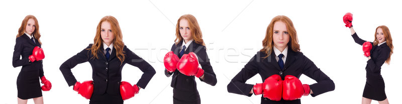 Collage of woman businesswoman with boxing gloves on white Stock photo © Elnur
