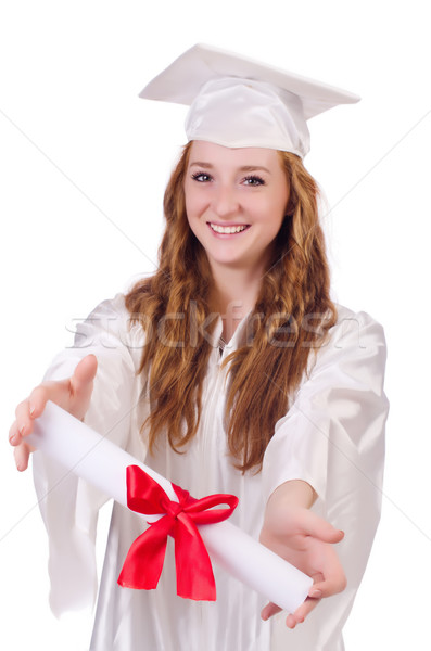 Stock fotó: Diplomás · lány · diploma · izolált · fehér · oktatás