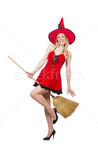 巫婆 紅色禮服 掃帚 頭髮 背景 紅色 商業照片 © Elnur