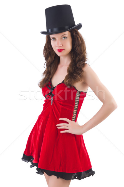 Femeie model prezinta roşu mini rochie Imagine de stoc © Elnur