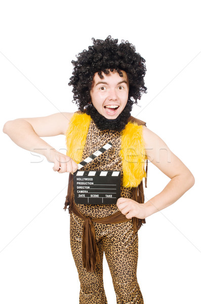 Cave man with movie board isolated on white Stock photo © Elnur