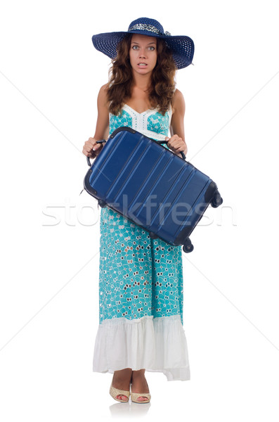 Foto stock: Mujer · equipaje · aislado · blanco · feliz · moda