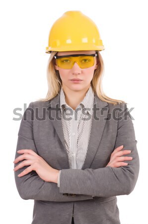 Foto stock: Femenino · ingeniero · casco · aislado · blanco · negocios