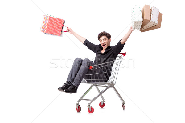 Stock fotó: Fiatalember · bevásárlókocsi · szatyrok · izolált · fehér · vásárlás