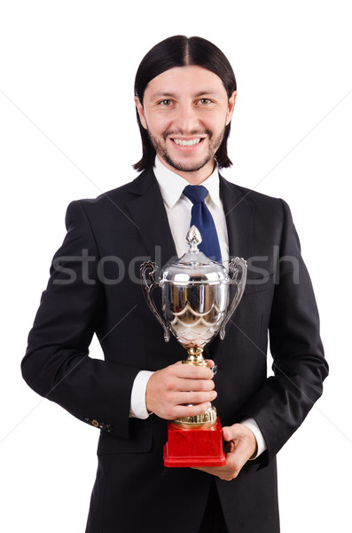 Stock photo: Businessman awarded with prize cup isolated on white
