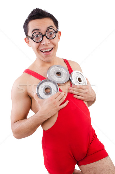 Funny guy exercising with dumbbells on white Stock photo © Elnur