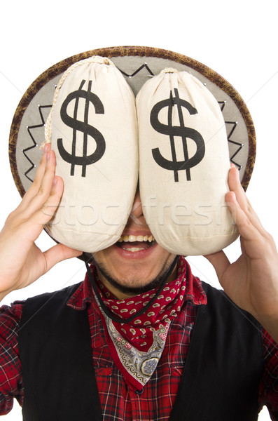 Young cowboy with money bags isolated on white Stock photo © Elnur