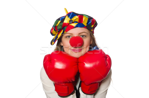 Stock photo: Pretty female clown with box gloves isolated on white