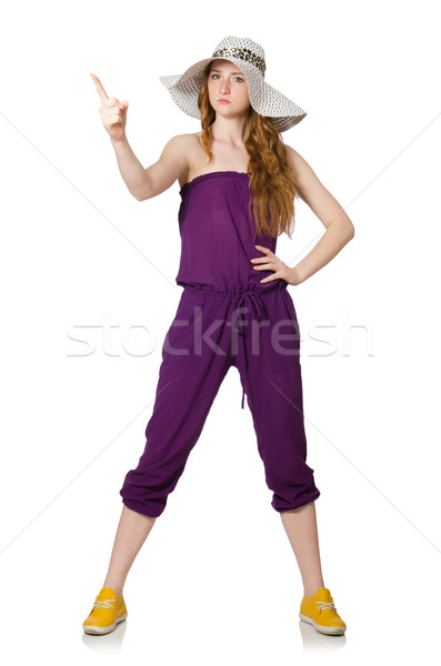 Stock photo: Pretty romantic girl in purple overalls isolated on white