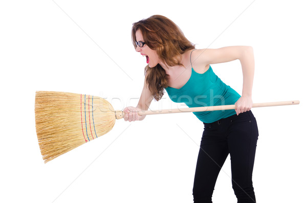 Young woman with broom on white Stock photo © Elnur