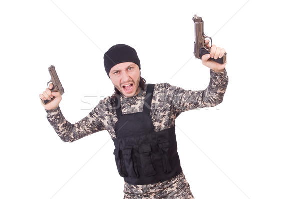Young man in military uniform holding gun isolated on white Stock photo © Elnur