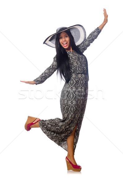 Siyah saçlı kadın uzun gri elbise şapka Stok fotoğraf © Elnur