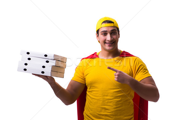 Süper kahraman pizza teslim adam yalıtılmış beyaz Stok fotoğraf © Elnur