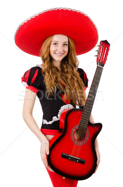 Nő gitáros szombréró fehér buli gitár Stock fotó © Elnur