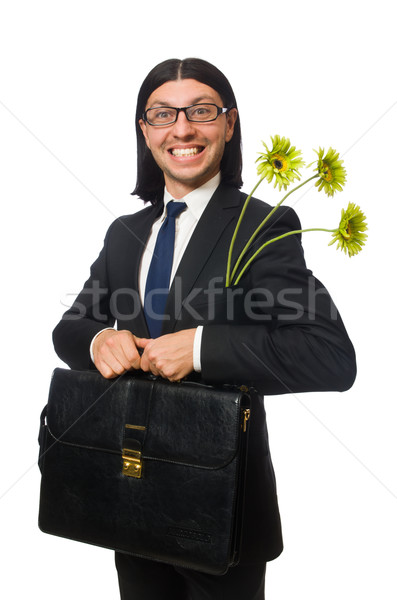 Handsome businessman with flower and brief case isolated on whit Stock photo © Elnur