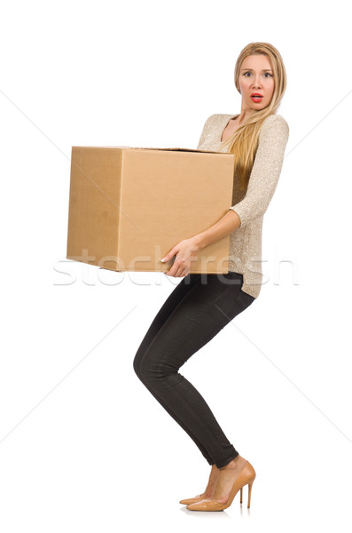 Stock photo: Woman with boxes relocating to new house isolated on white