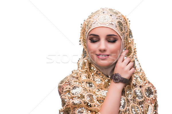 Muszlim nő arany borító izolált fehér Stock fotó © Elnur