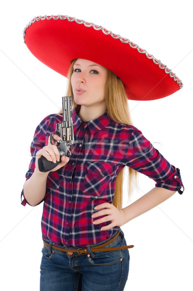 Foto stock: Engraçado · mexicano · sombrero · mão · feliz · retro